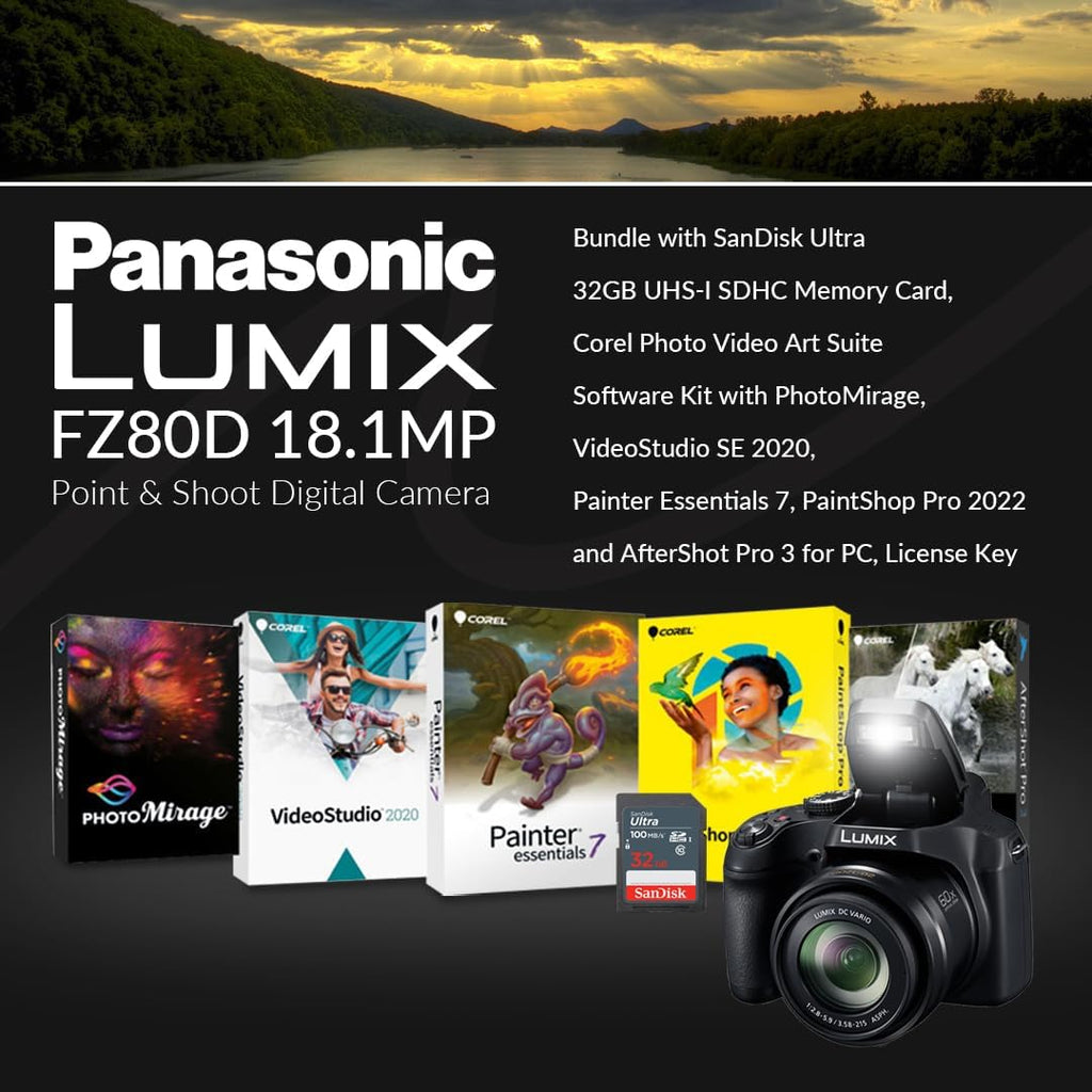 Panasonic LUMIX FZ80D 18.1MP Digital Camera | 4K Video, 60x Optical Zoom Point & Shoot | Bundle w/ 32GB SD Card, Shoulder Bag, Software Kit | Panasonic 1-Year Limited Warranty