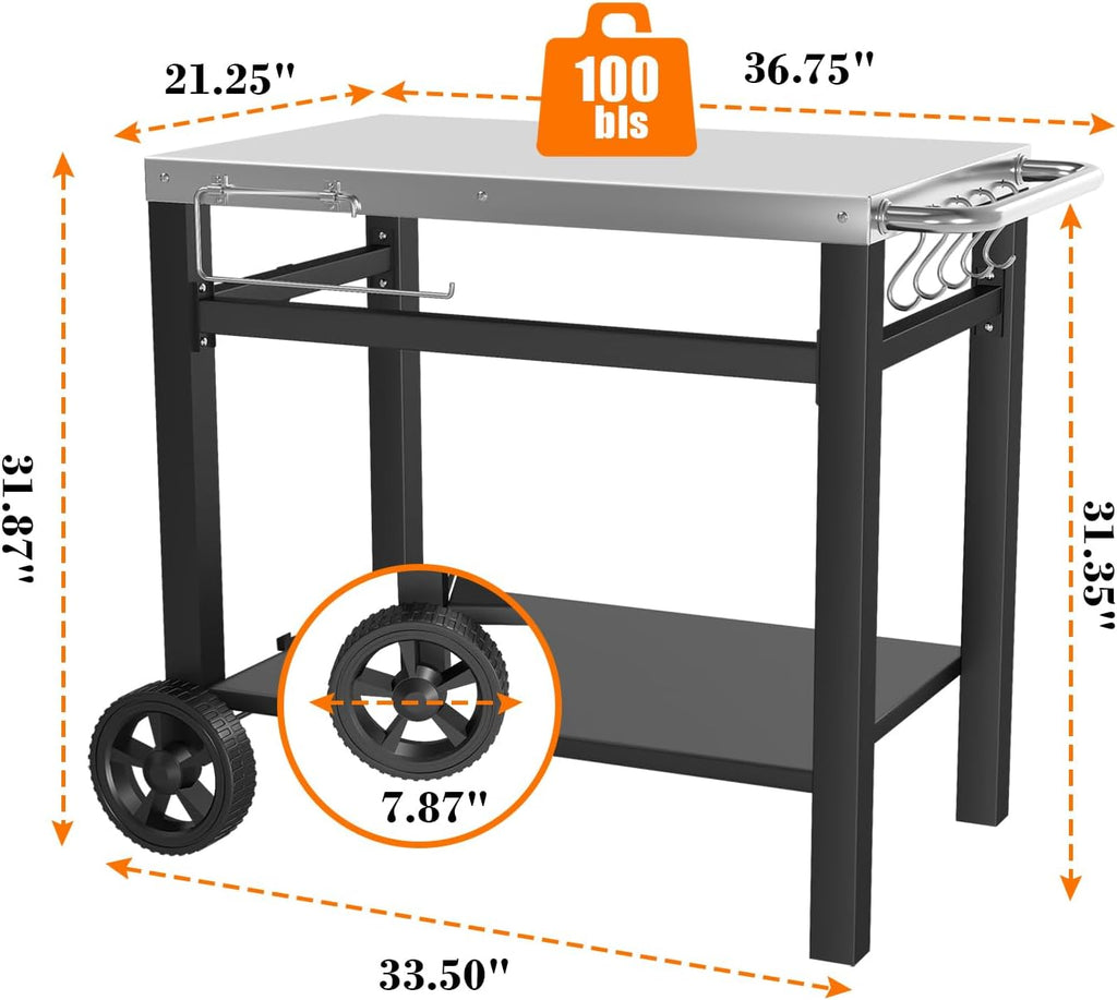 Grill Table, Movable Dining Cart, Pizza Oven Table Stand, Double-Shelf Grill Stand, Food Prep and Work Cart with Wheels, Hooks, Fits for Blackstone Ninja