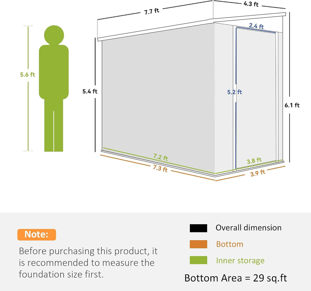 Outsunny 4' x 7.7' Metal Outdoor Storage Shed, Lean to Storage Shed, Garden Tool Storage House with Lockable Door and 2 Air Vents for Backyard, Patio, Lawn, Dark Gray