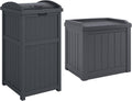 Suncast 22-Gallon Outdoor Patio Backyard Deck Box Storage Bench and 30-Gallon Hideaway Trash Waste Bin with Latching Lid, Cyberspace