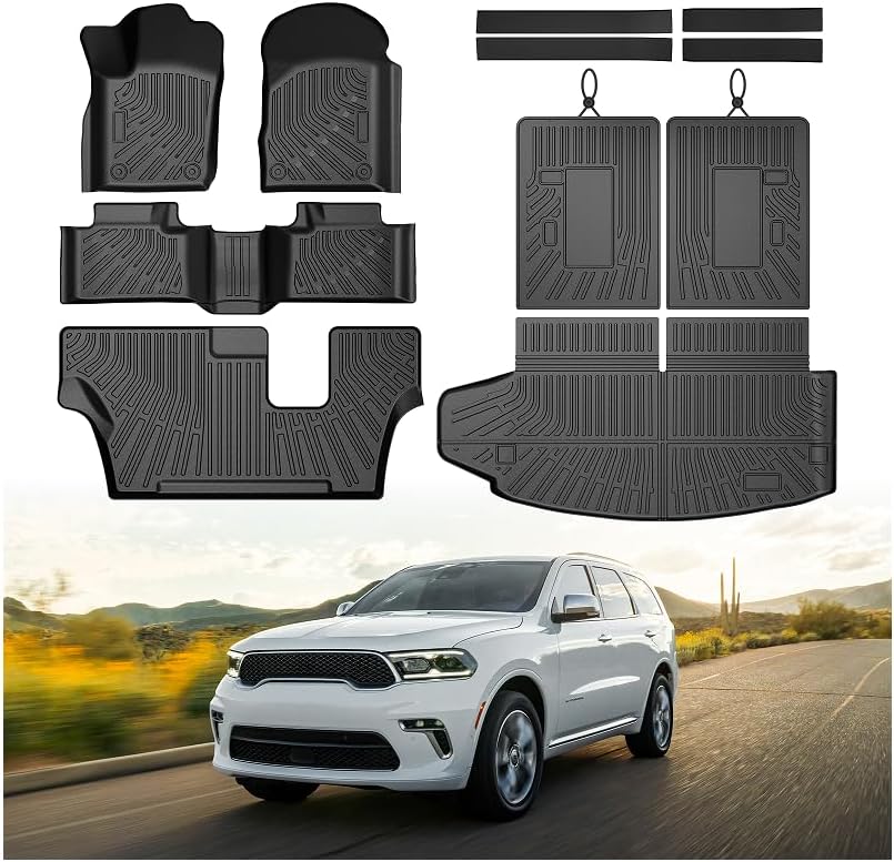 Mixsuper Floor Mat & Cargo Liner for Dodge Durango 7-Seater 2016-2026,All Weather TPE Floor mat with Backrest and Door Sill Guards Durango Accessories,Anti-Slip Floor Liners Set, Black