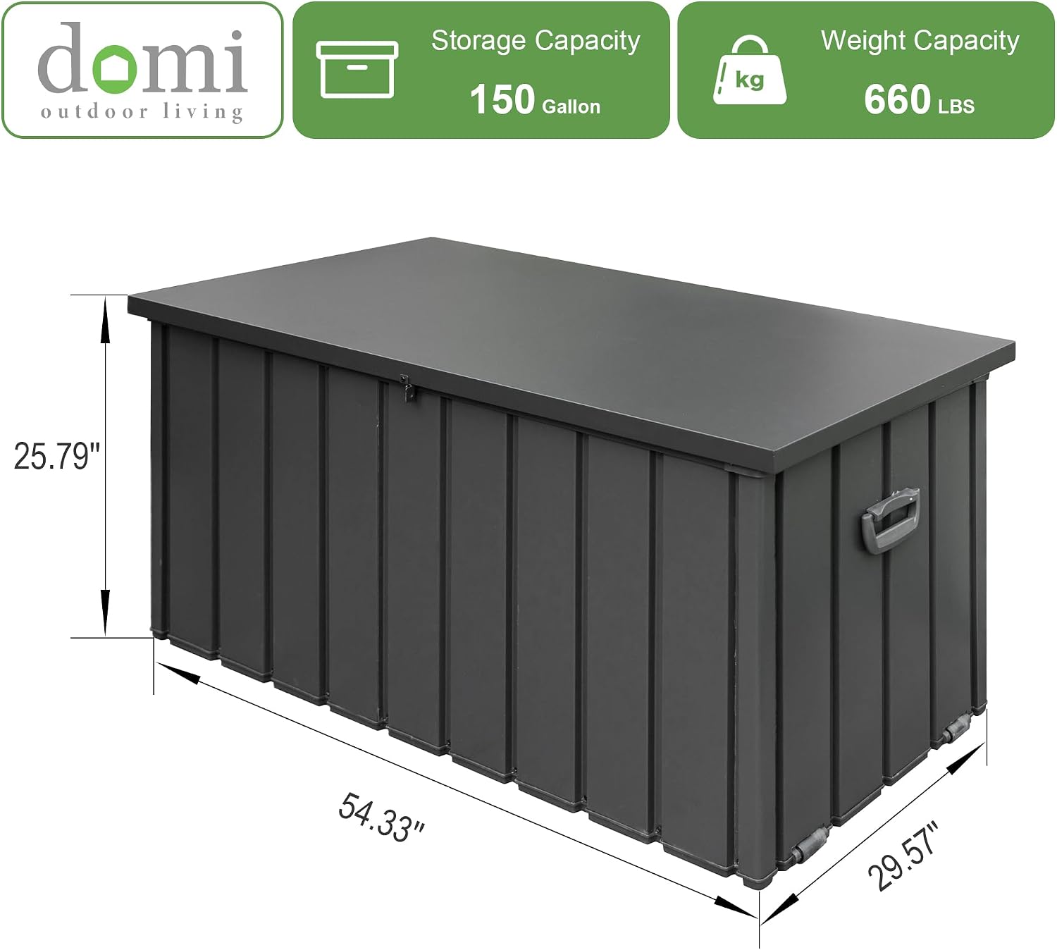 Domi 150 Gallon Deck Box, Outdoor Metal Lockable Storage Cabinet, Waterproof Steel Outdoor Bench with Lockable Lid, Side Handles & Rolling Casters for Outside Cushions, Pillows, Garden Tools, Grey