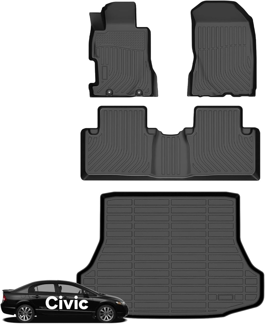 Wayhigh® Floor Mats & Cargo Liner for Honda Civic 2006-2011 8th Gen Civic Si Sedan (Not Fit Coupe) All Weather TPE Car Mats Waterproof Heavy Duty Floor Liners Custom Fit for Civic Accessories