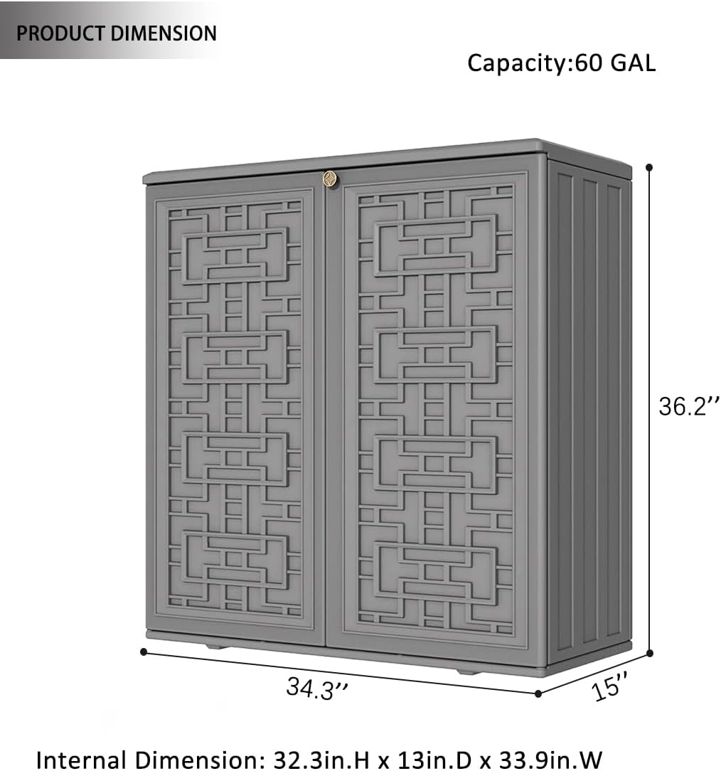 KINYING Outdoor Storage Cabinet Waterproof, Resin 62 Gallon Deck Box for Patio Furniture Cushions, Garden Tools, Pool Tools and Kids' Toys (Grey with 1 Shelving)