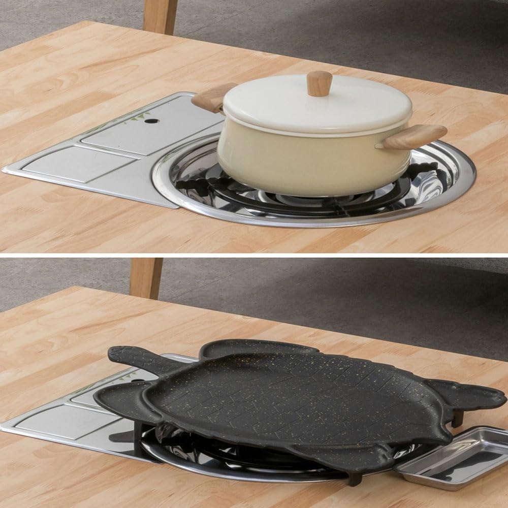 Korean BBQ Grill Table, Low Floor Folding Dining Table with Built-in Gas Stove, Portable Tatami Style for Indoor Cooking, Made in Korea (Marble)