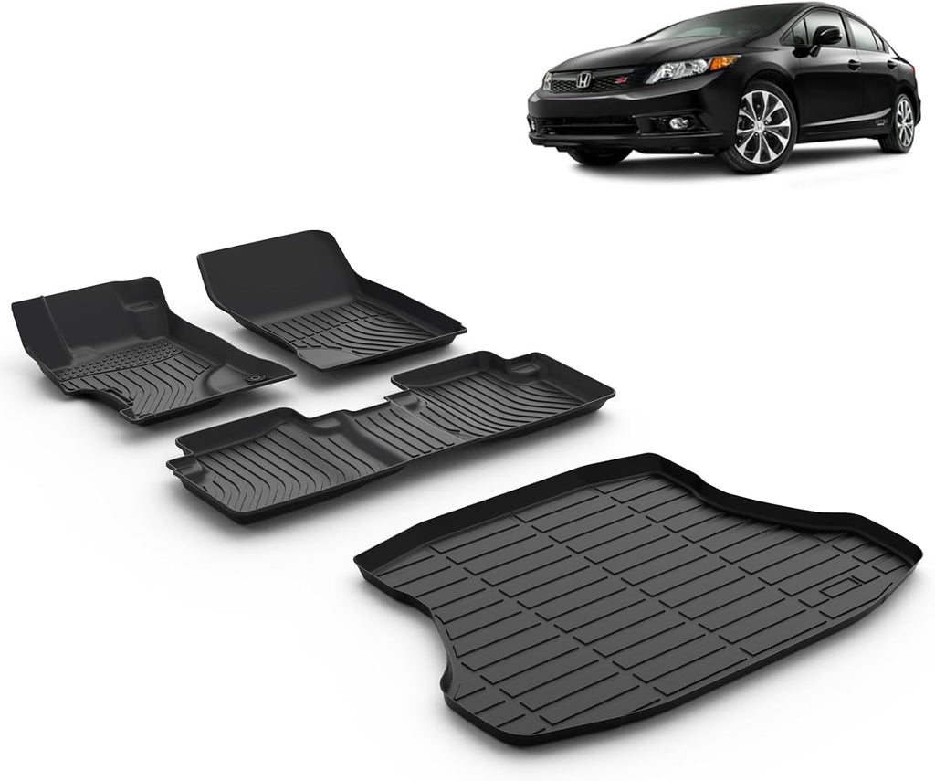 Floor Mats & Cargo Liner for 2015 2014 2013 2012 Civic & Civic Si Only Sedan (Not Coupe) All Weather Car Mats Cargo Mat Floor Liners Trunk Mat Civic Trunk Liner