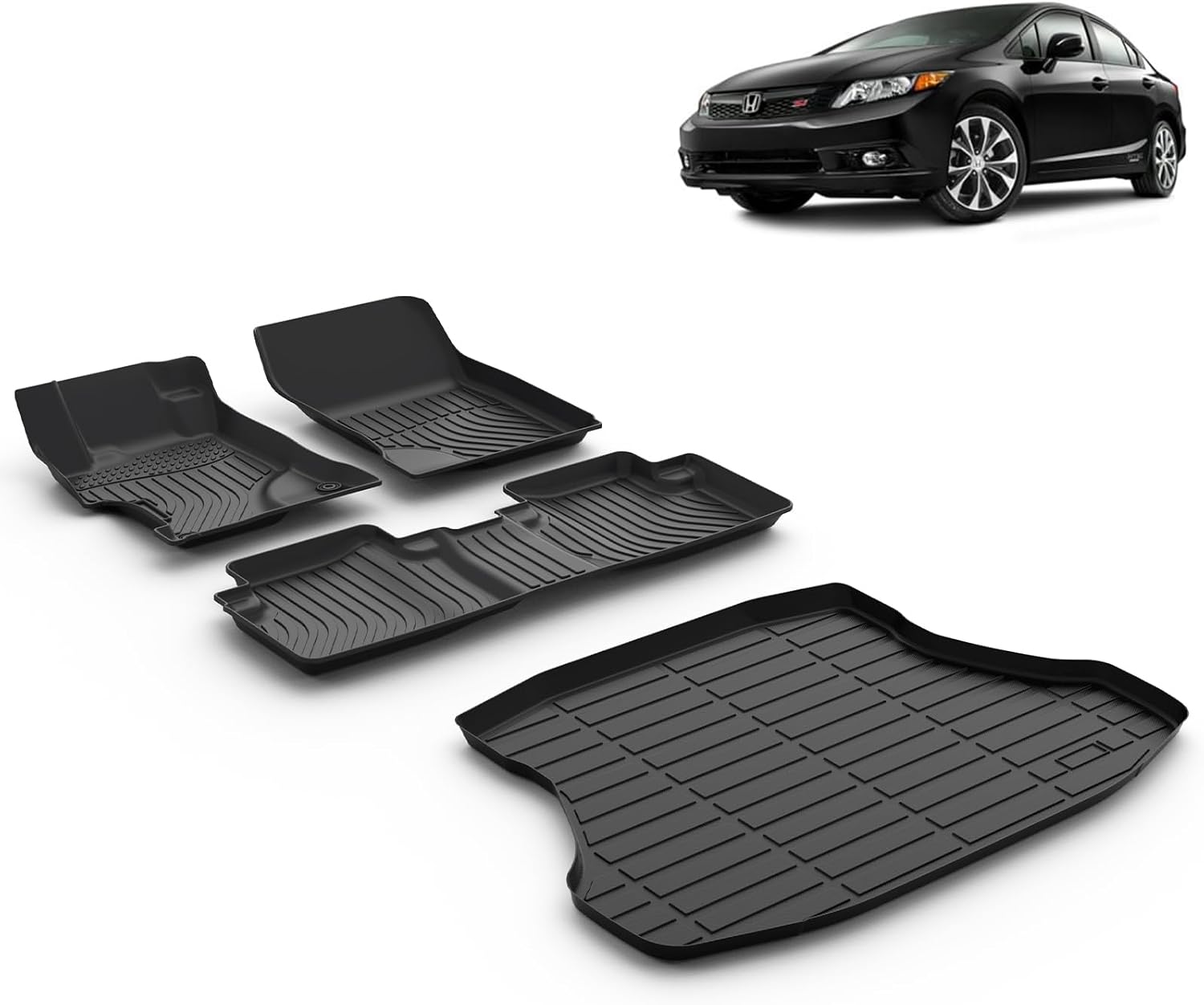 Floor Mats & Cargo Liner for 2015 2014 2013 2012 Civic & Civic Si Only Sedan (Not Coupe) All Weather Car Mats Cargo Mat Floor Liners Trunk Mat Civic Trunk Liner