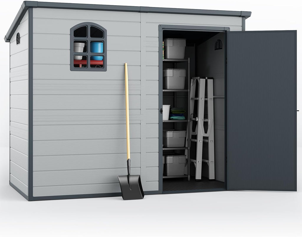 Storage shed 8.1x4.7 ft, Lean to Resin Shed, Storage Sheds Outdoor with Floor, Outdoor Sheds Garden Tools Bike Shed, Garden Sheds & Outdoor Storage Sloping Roof, Lockable Door, Window for Lawn, Patio