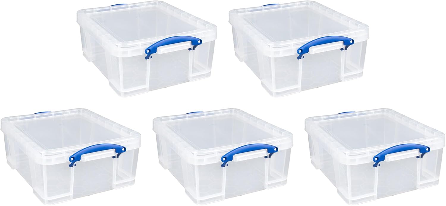 Really Useful Box 5 Pack 17L Plastic Storage Bins with Snap Lids and Clip Lock, Clear