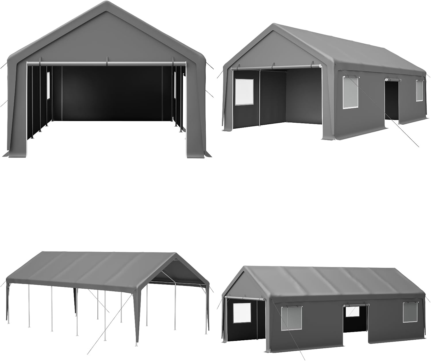 13x26 FT Heavy Duty Carport, Outdoor Storage Shed Tent with 2 Roll-Up Doors, 1 Side Door, Removable End Walls & Windows, All-Weather Portable Garage Shelter with 12-Leg Stability Frame, Grey