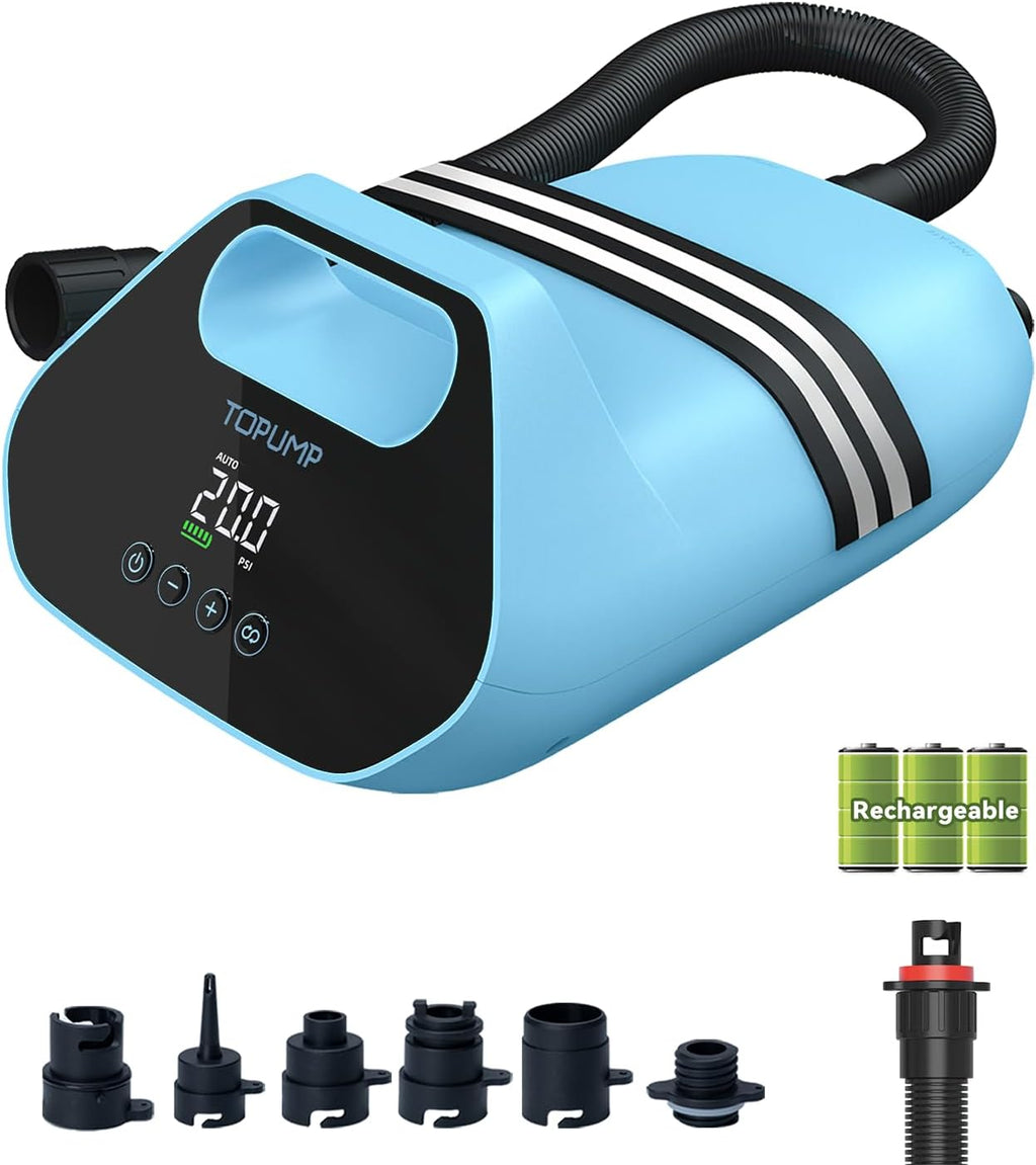 TOPUMP 20PSI Electric Paddle Board Pump TPS300 - High Pressure Rechargeable SUP Pump, Dual Stage Inflation & Deflation, Auto-Off Air Pump for Stand Up Paddle Boards, Boats, Kayaks and Tent