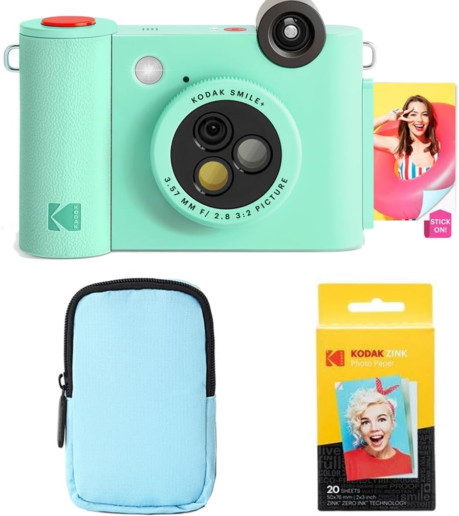 KODAK Smile+ 2-in-1 Digital Instant Print Camera & Wireless Bluetooth Photo Printer Starter Bundle + Deluxe Case + Zink 20pk Sticky-Back Photo Paper - 10MP, Special-Effect Rotating Lens - Green