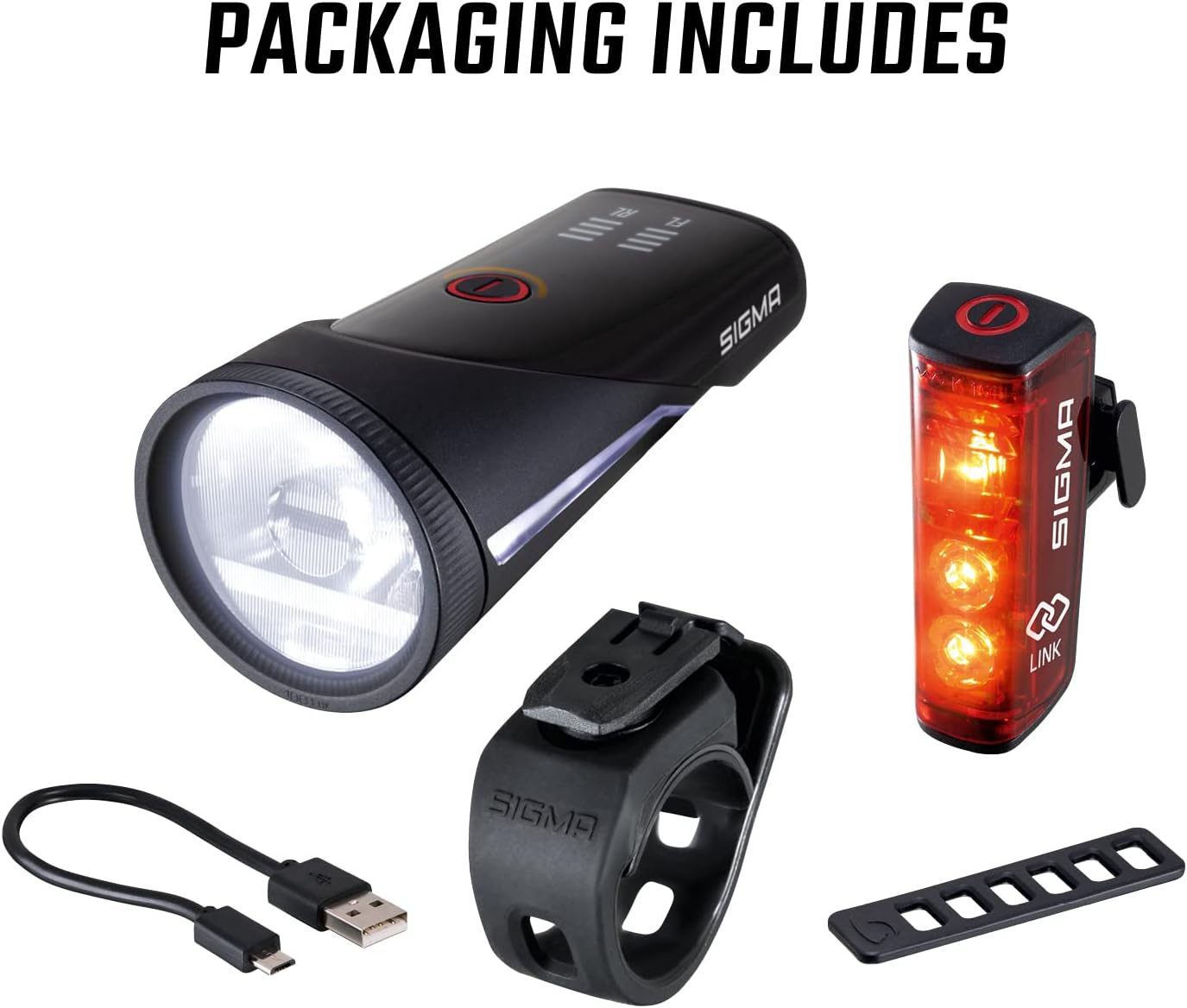 SIGMA Bicycle Light Set Aura 100/Blaze Link (Silicone Holder) Innovative Coupling Function and Automatic Light Adjustment LED Bicycle Light Front with 100 Lux Rear Light with Brake Light Function
