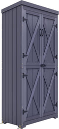 Outsunny Wooden Garden Shed, Outdoor Storage Cabinet with Waterproof Galvanized Metal Roof, Narrow Tool Shed with 3 Shelves and Lockable Door, Gray