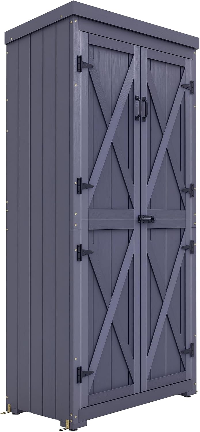 Outsunny Wooden Garden Shed, Outdoor Storage Cabinet with Waterproof Galvanized Metal Roof, Narrow Tool Shed with 3 Shelves and Lockable Door, Gray