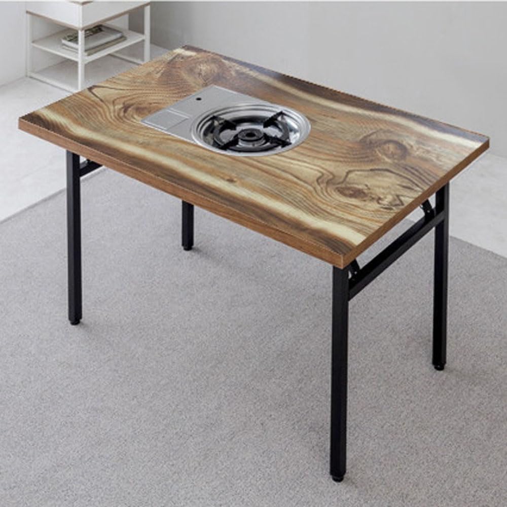 Korean BBQ Grill Table with Built-in Gas Burner, Folding Indoor Outdoor Dining Table, Marble Top for Camping & Kitchen, Made in Korea (Log)