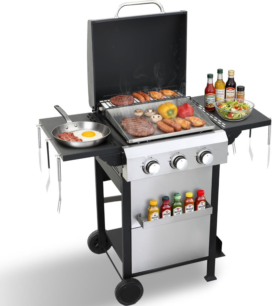 CIG GARDEN 3-Burner Propane Flat Top Grill, 31,500 BTU Stainless Steel Griddle for Outdoor BBQ - Patio, Backyard & Camping Gas Grill