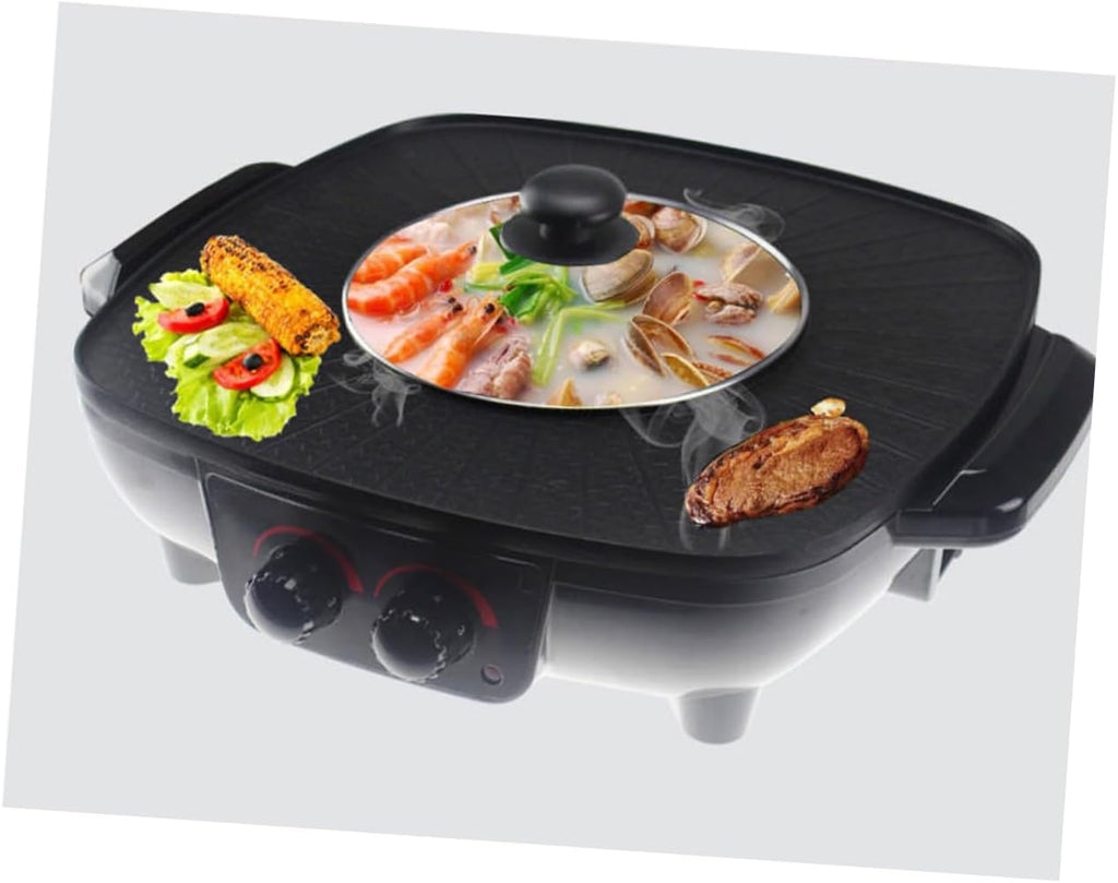 Indoor Electric Grill Bbq Pot Multi-function Hot Pot Cookware Smokeless Non-stick Surface Triangle Plug Electric Barbecue Grill for Family Restaurant