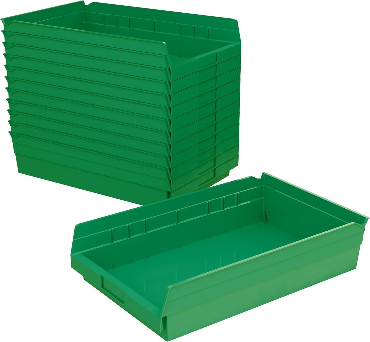 Akro-Mils 30178 Plastic Shelf Bins, Heavy Duty Storage Bins for Garage, Closet, and Drawer Organization, 18-Inch x 11-Inch x 4-Inch, Green, 12-Pack