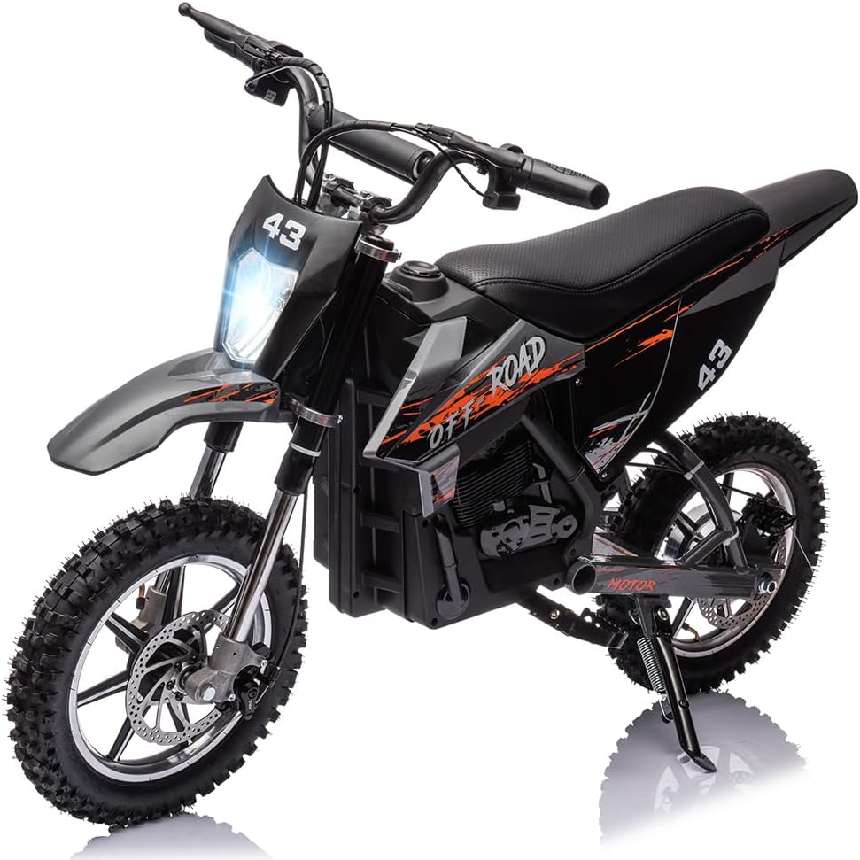 36V Kids Ride On Dirt Bike,15.5MPH Fast Speed Electric Battery-Powered Off-Road Motorcycle Max Load 175 Lbs,Led Light,Leather Seat,Disc Brake,Air-Filled Tires (Black, Brushless Motor)