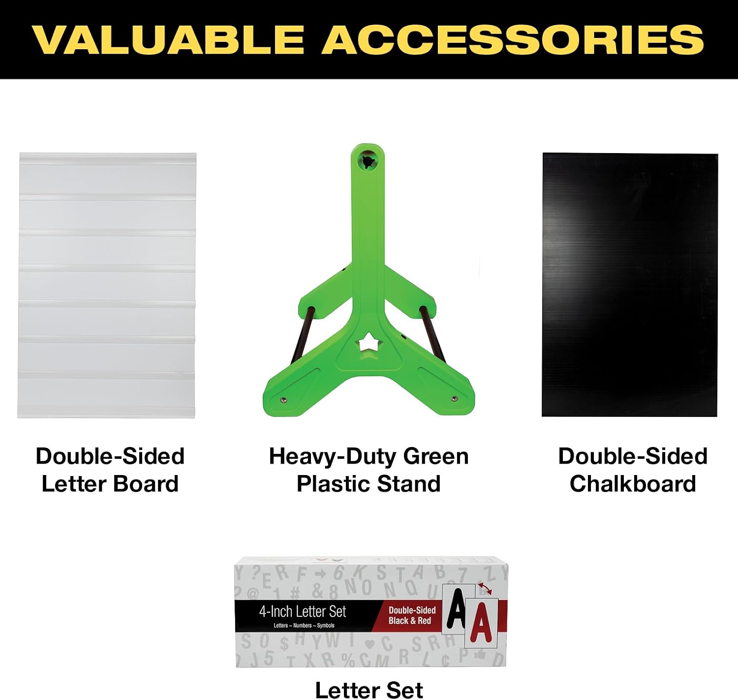EXCELLO GLOBAL PRODUCTS Swinging Changeable Message Sidewalk Sign: 24' x 36' with 792 Pre-Cut Double Sided Letters and Storage Box. Includes Black Board & Letter Board (Green Color Legs)