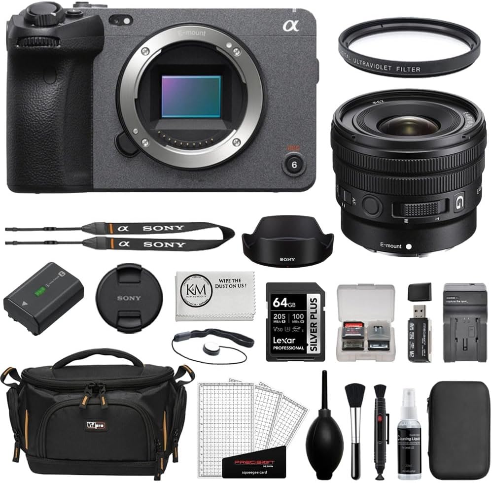 Sony FX30 Digital Cinema Camera Bundle with Sony E 10-20mm f/4 PZ G Lens + UV Filter + 64GB Memory Card + Battery Charger + Memory Card Reader + Camera Bag + Cleaning Kit + Cloth (12 Items)