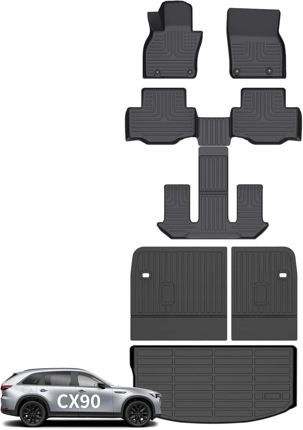 Wayhigh® Floor Mats & Backseat Cargo Liner for Mazda CX90&CX-90 PHEV 2024 2025 2026 7 Seats 2nd Row with Bucket Seat or Captain Seat (60/40 Velcro Tape Fixed Backmats) TPE 3 Rows Waterproof Car Mat