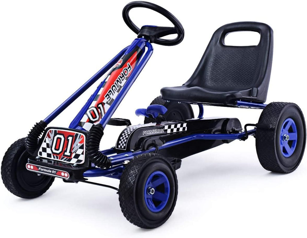 HONEY JOY Go Kart for Kids, 4 Wheel Quad Off-Road Pedal On Foot Go Cart w/Steering Wheels & Adjustable Seat, 2 Safety Brakes, EVA Tires, Clutch, Outdoor Racer Ride On Pedal Car (Blue)