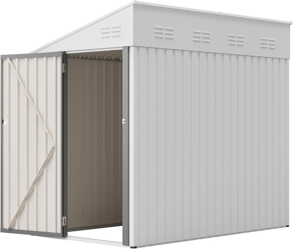 4x7 ft Lean to Metal Storage Shed, Galvanized Steel Outdoor Tool Shed with Vents & Sloped Roof, Space-Saving Backyard & Patio Storage, White