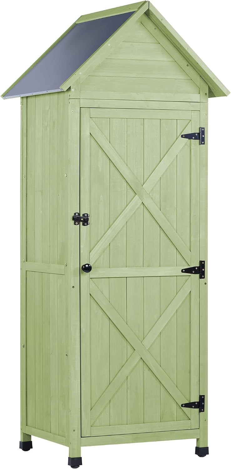 Wooden Outdoor Storage Cabinet,Tall Vertical Garden Tool Shed with Waterproof Metal Roof & Adjustable Feet – Perfect for Yard, Patio, Lawn & Deck (Green, 22' x 26' x 67')