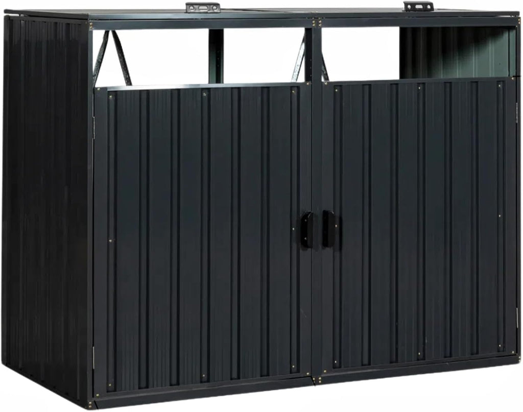 55.1 Cu.Ft Outdoor Trash Can Storage Shed, Metal Trash Can Storage Bin with Spring Chain Lid for Garbage Storage, Waterproof Storage Shed Stores for 2 Trash Cans, Garden Tools, Black