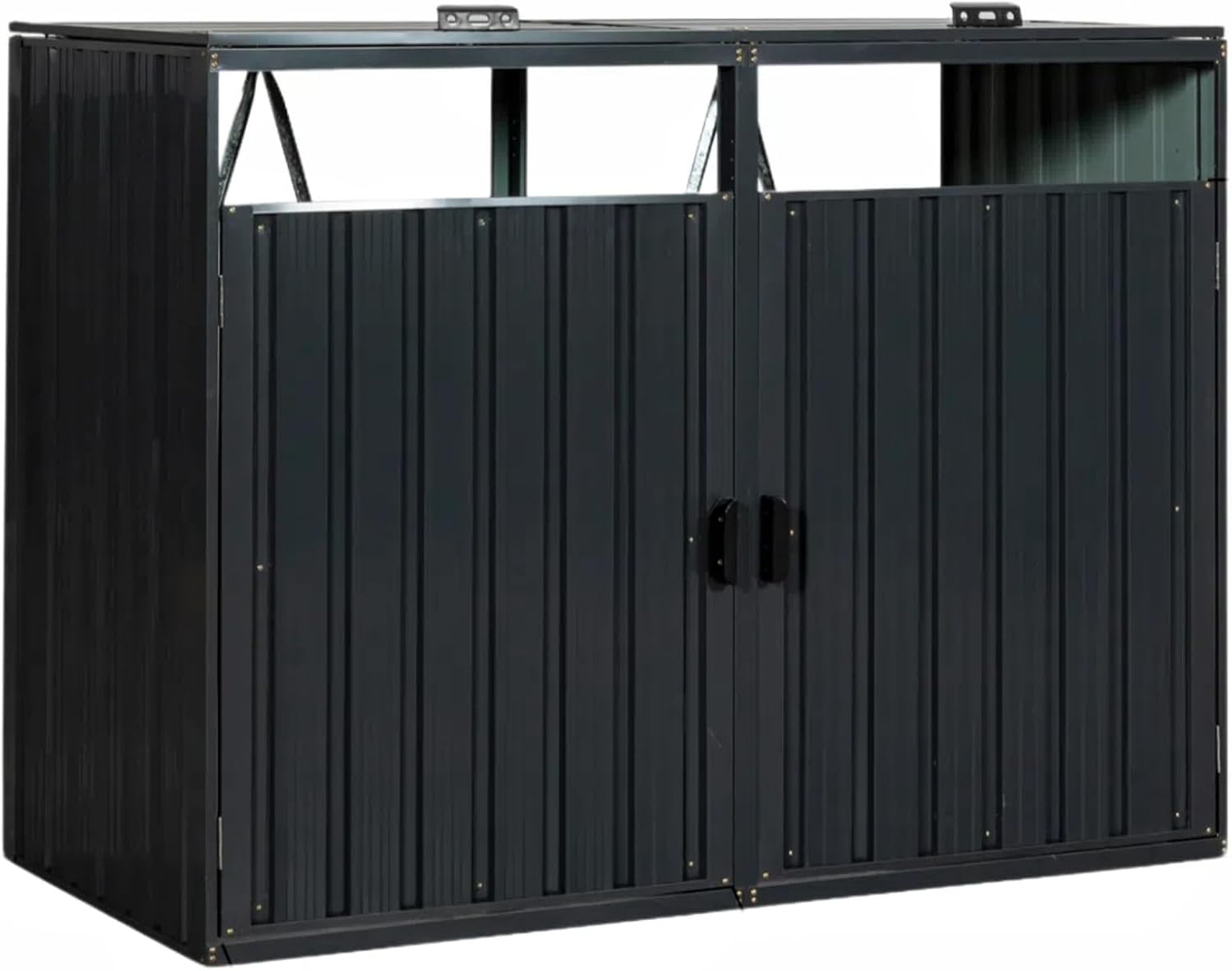 55.1 Cu.Ft Outdoor Trash Can Storage Shed, Metal Trash Can Storage Bin with Spring Chain Lid for Garbage Storage, Waterproof Storage Shed Stores for 2 Trash Cans, Garden Tools, Black