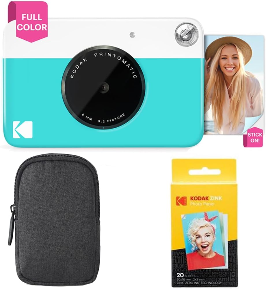 Kodak Printomatic Full-Color Instant Print Camera Starter Bundle + Carrying Case + Zink 20pk Photo Paper - Colorful Photos On 2x3 Sticky-Back Paper - Fun Gift for Birthday Christmas Holiday - Blue