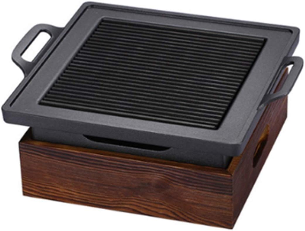 Grill for Outdoor Korean Japanese Tabletop BBQ Grill Portable Barbecue Stove Charcoal Grill with Wooden Base Household Non-stick Cooking Tools for Outdoor or Indoor Barbecue Grill ( Color : 18x18cm )
