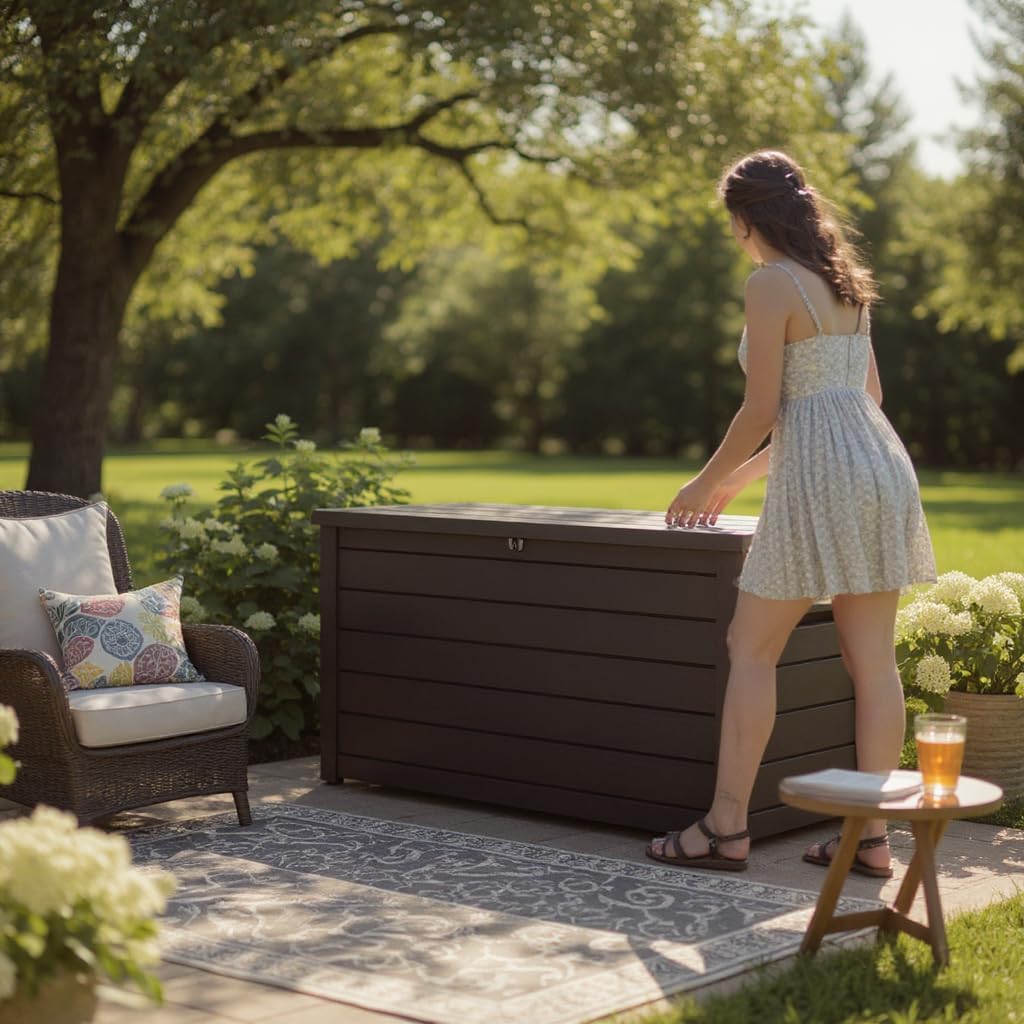 230 Gallon Deck Storage Box Outdoor Patio Container – Weather-Resistant, Lockable Outdoor Storage Solution for Patio, Garden, and Poolside (Brown)