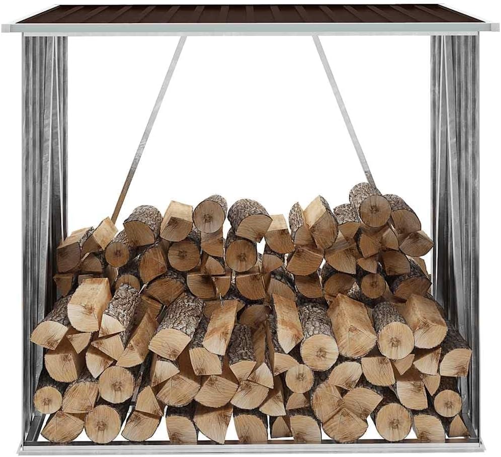 vidaXL Log Storage Shed, Log Holder with Roof, Log Storage Shed, Firewood Rack for Backyard Garden Patio Porch, Brown Galvanized Steel 64.2'