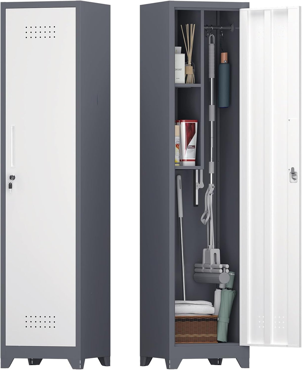 IRONFFICE Slim Cabinet,Narrow Broom Closet Storage Cabinets with Doors,Narrow Utility Closet with Hanging Rod,Slim Laundry Storage Cabinet for Garage,Living Room,Grey-White