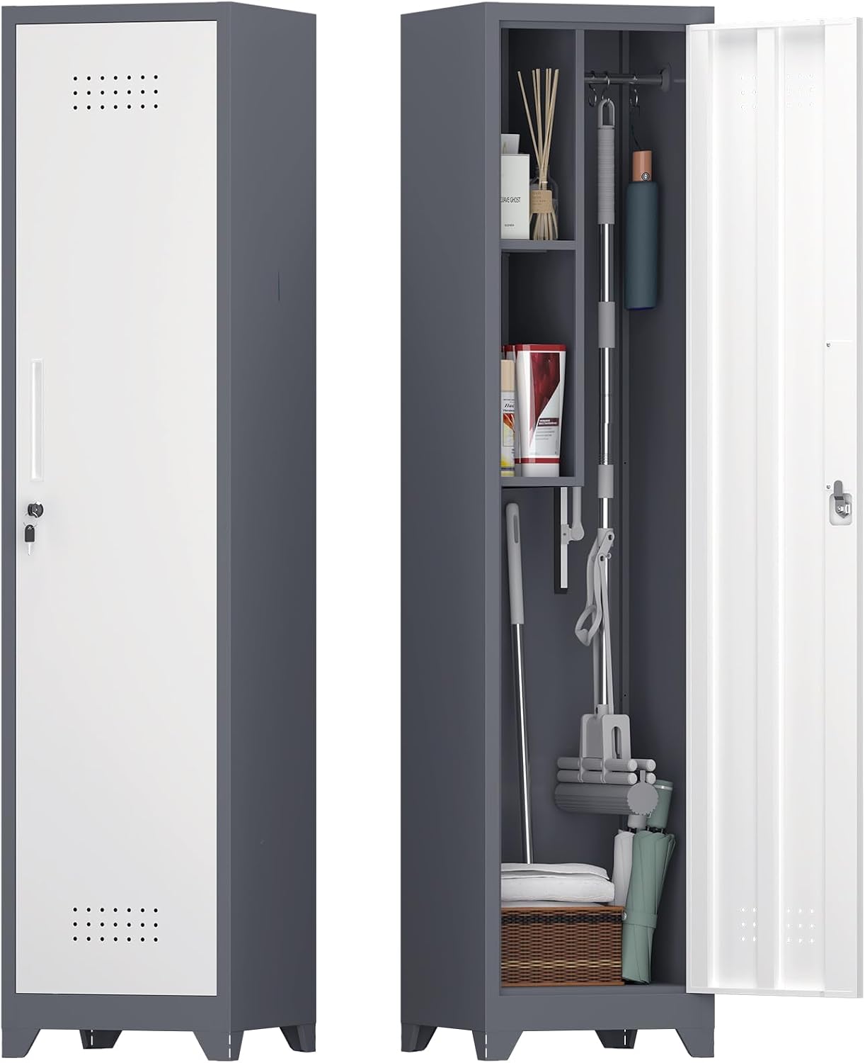 IRONFFICE Slim Cabinet,Narrow Broom Closet Storage Cabinets with Doors,Narrow Utility Closet with Hanging Rod,Slim Laundry Storage Cabinet for Garage,Living Room,Grey-White