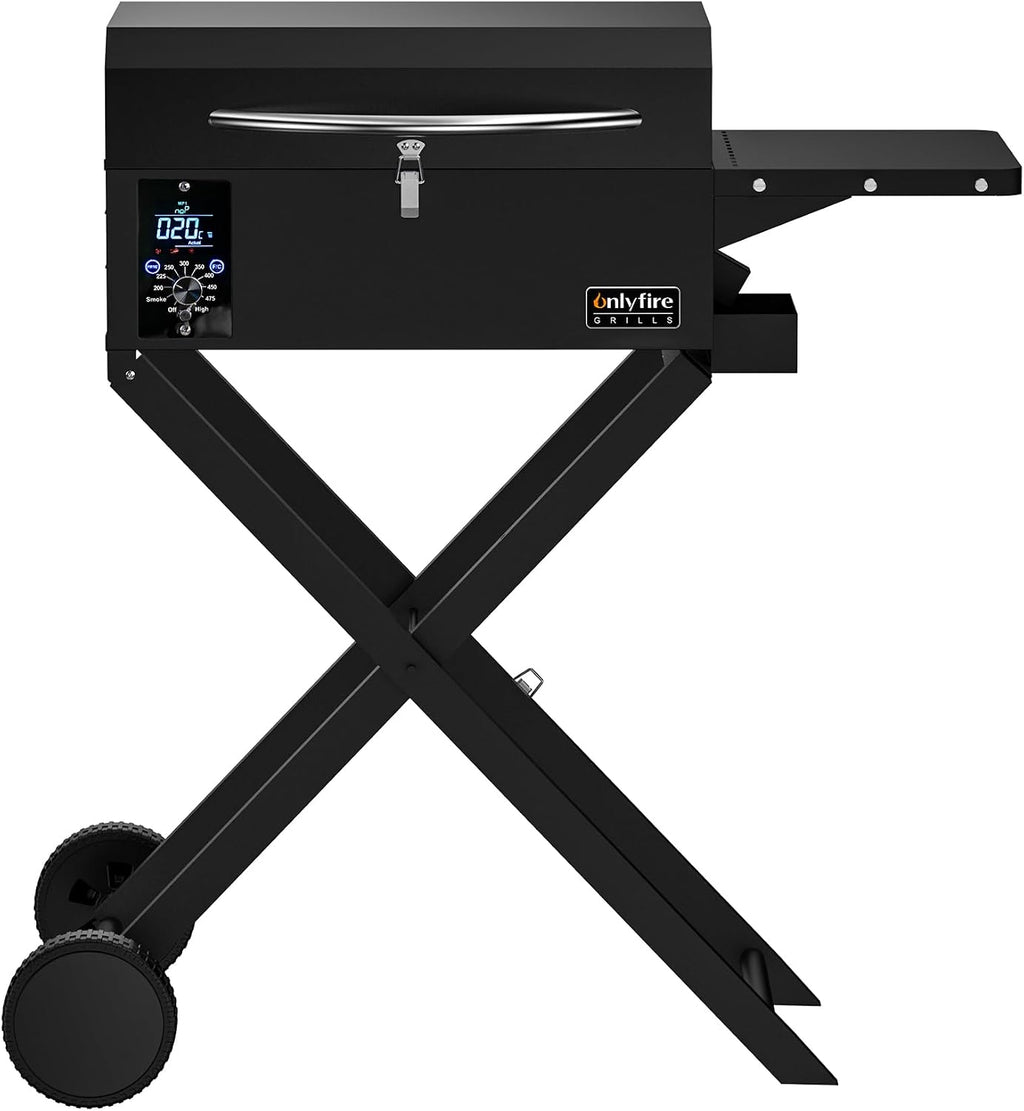 ONLYFIRE GRILLS BBQ Wood Pellet Grill Smoker with Foldable Cart, Meat Probe, 2 Tiers Cooking Area, Portable Grilling Stove for Outdoor Kitchen Cooking Smoke and Roast, RV Camping, Black GS343