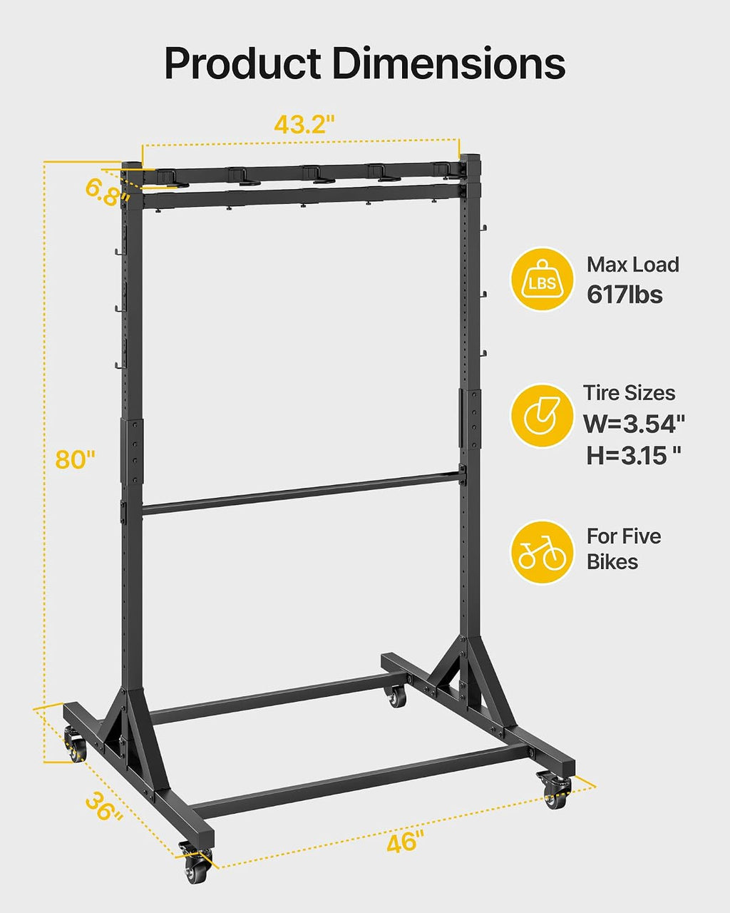 monTEK Freestanding Bike Storage Rack for 10 Bikes, Heavy Duty 617LBS Vertical Bike Stand with 10 Bike Hooks & 6 Helmet Hooks, Indoor and Outdoor Bike Storage Rack with Locking Casters