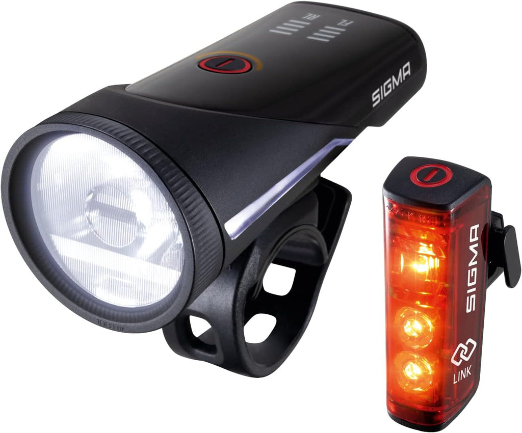 SIGMA Bicycle Light Set Aura 100/Blaze Link (Silicone Holder) Innovative Coupling Function and Automatic Light Adjustment LED Bicycle Light Front with 100 Lux Rear Light with Brake Light Function