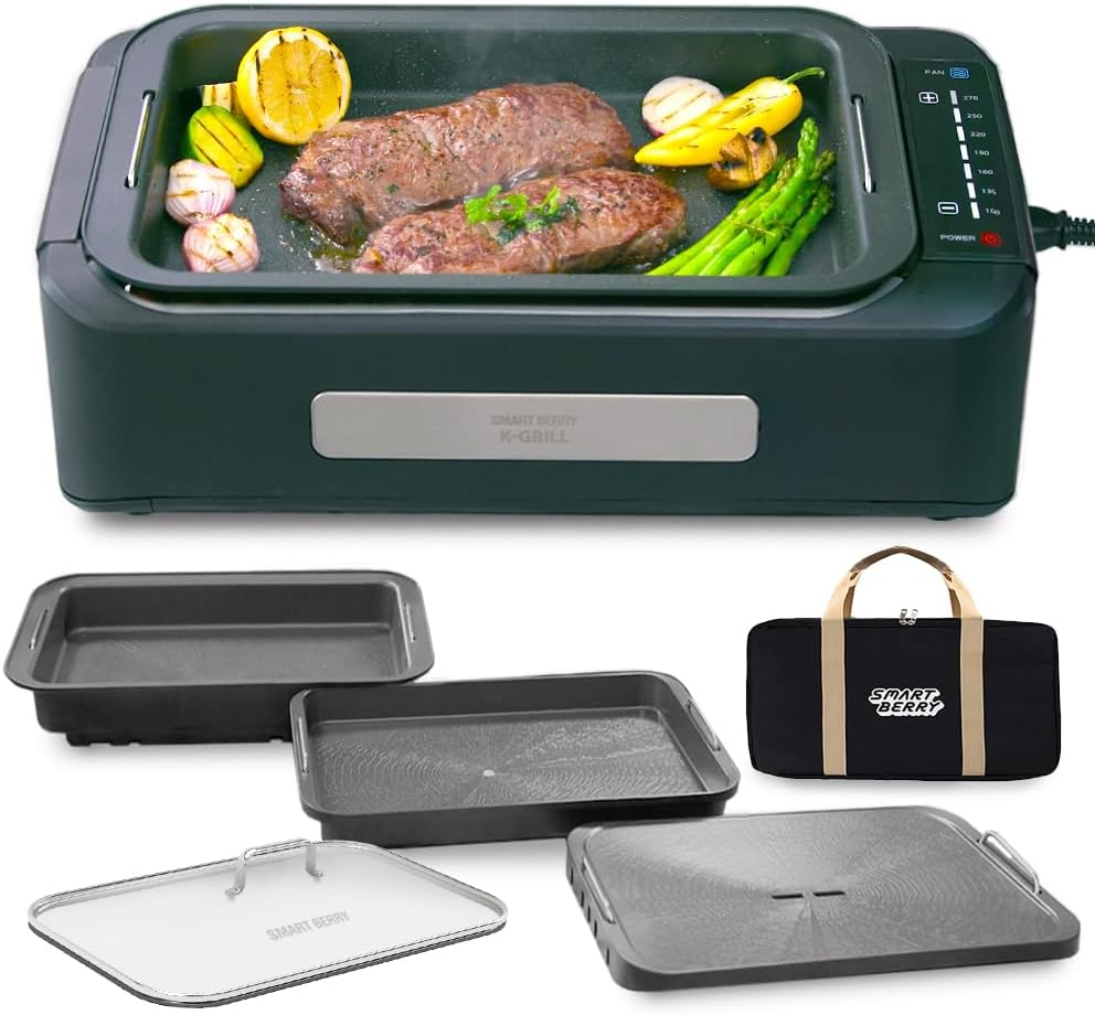 SMART BERRY 3 in 1 Smokeless Electric Indoor Grill, Nonstick Grill/Griddle Plates, hot pot, Glass Lid, Portable Korean BBQ Grill with 7-Level Control, black (HOT POT set White)