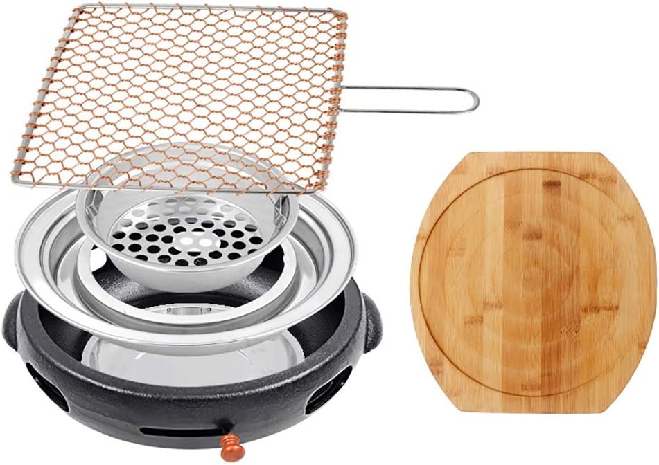 BBQ Barbeque Barbecue Grill,Korean Household Charcoal Grill,Insulated Wooden Tray,Cast Iron Furnace,Indoor Outdoor,4 Styles (Color : C)