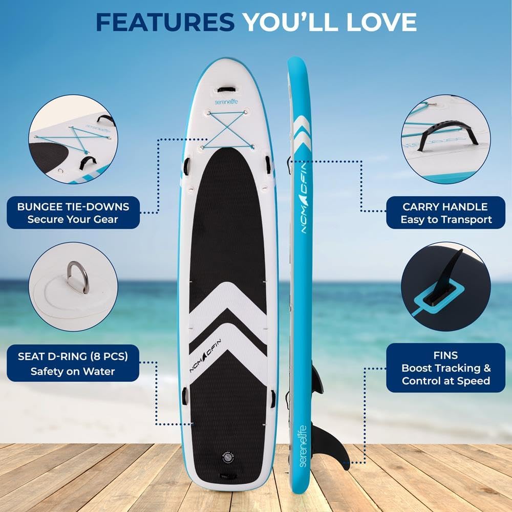SereneLife 12'2' Inflatable Paddle Board - XL Family Stand Up Paddleboard with Seat for 2 Adults 1 Child - 34' Wide Stable Design with Non-Slip EVA Deck Pad, Premium SUP Accessories, 450 lbs Capacity
