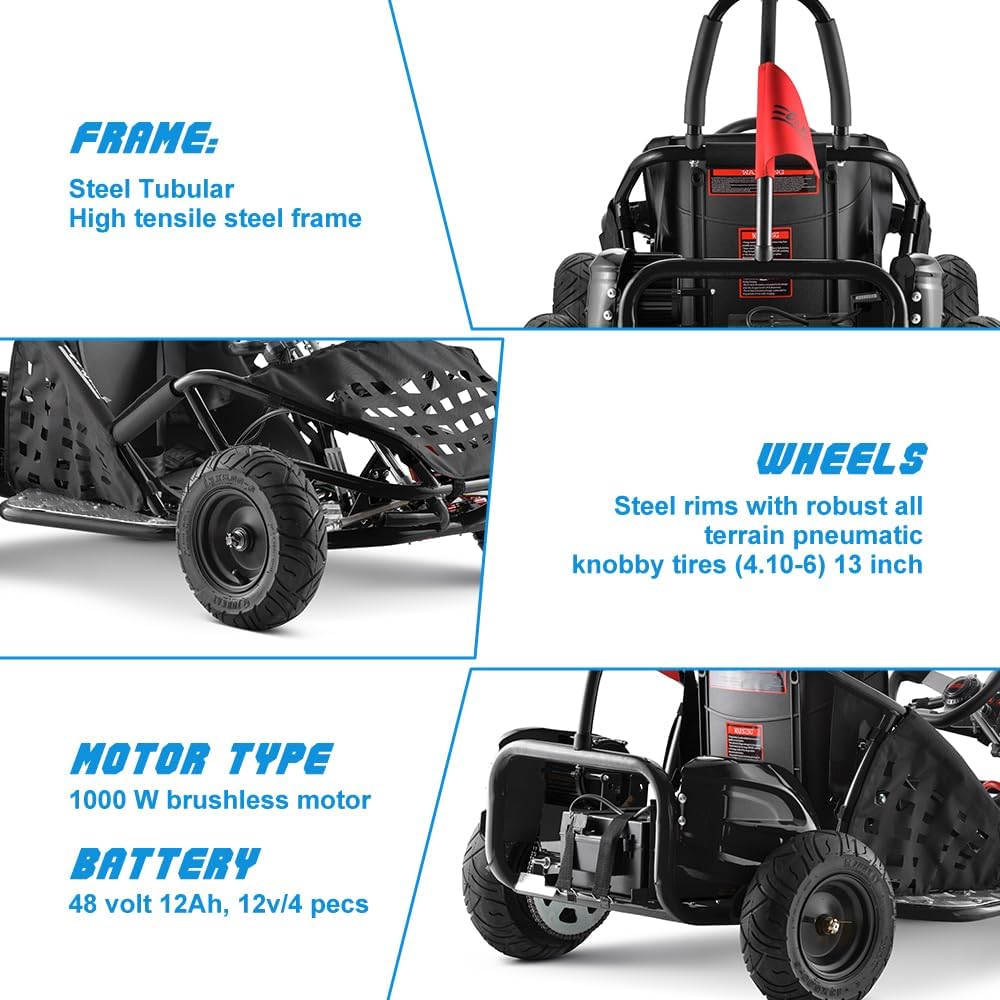 Electric Go Kart, 48V Powered Ride On Car, Steel Tubular Frame, Seat Belt, 13 inch All-Terrain Tires, Parental Speed Control, Max 20 Mph (Black)