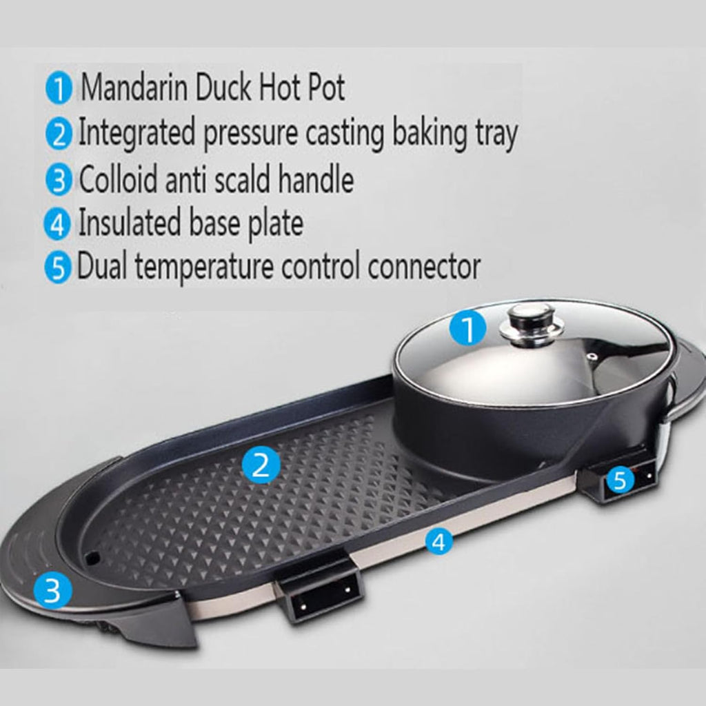 Electric Smokeless Non-Stick Removable Hotpot Pot,with Grill 2 In 1, Korean Barbecue Pan Indoor for Independent Dual Temperature Control Fast Heating