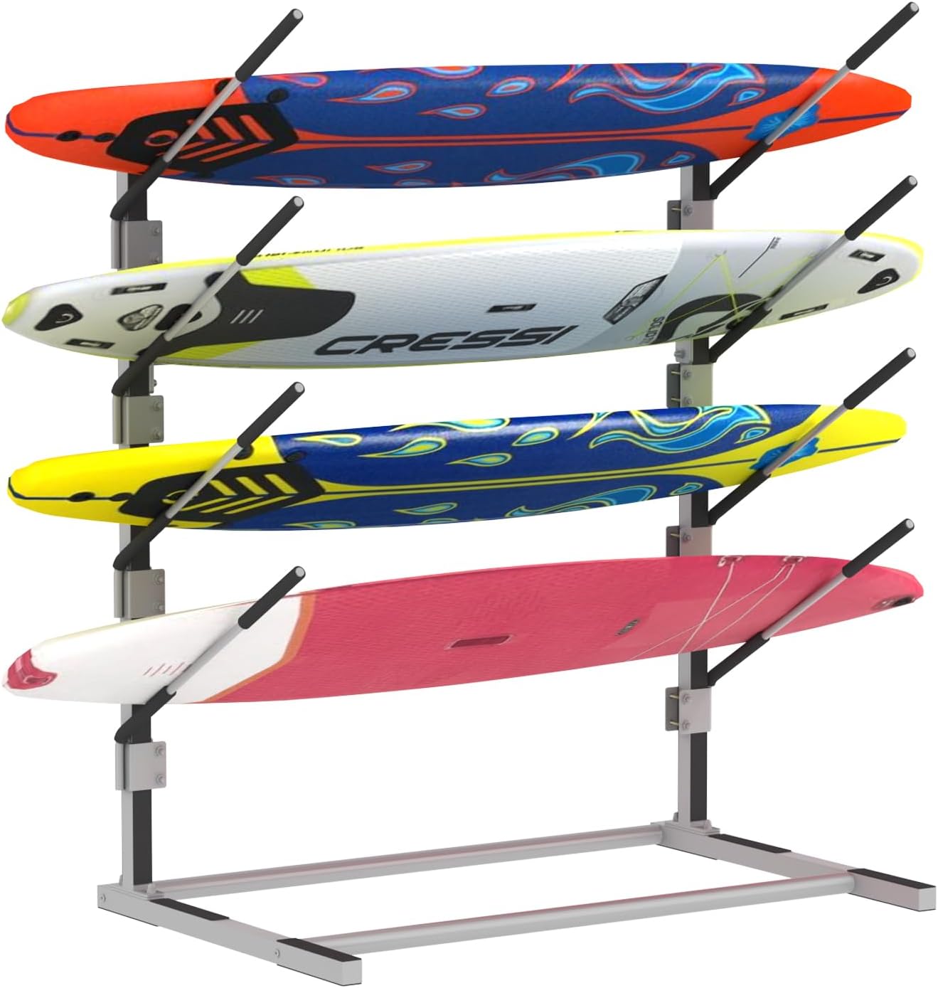 4-Tier Freestanding Surfboard Rack, Watersport Kayak and Kayaks Rack with Two Silicone Mat, Kayak Storage Rack for SUP, Surfboard, Paddle, Ski, Skateboards