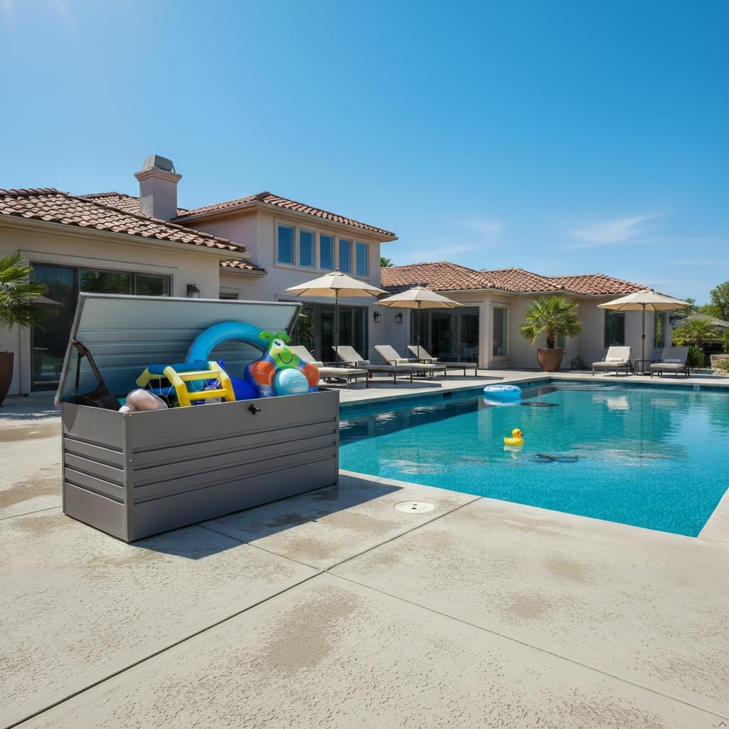 260 Gallon Deck Box, Metal Large Deck Box, Waterproof Deck Storage Box, Pool Storage Box with Lockable Storage Containers, Light Gray