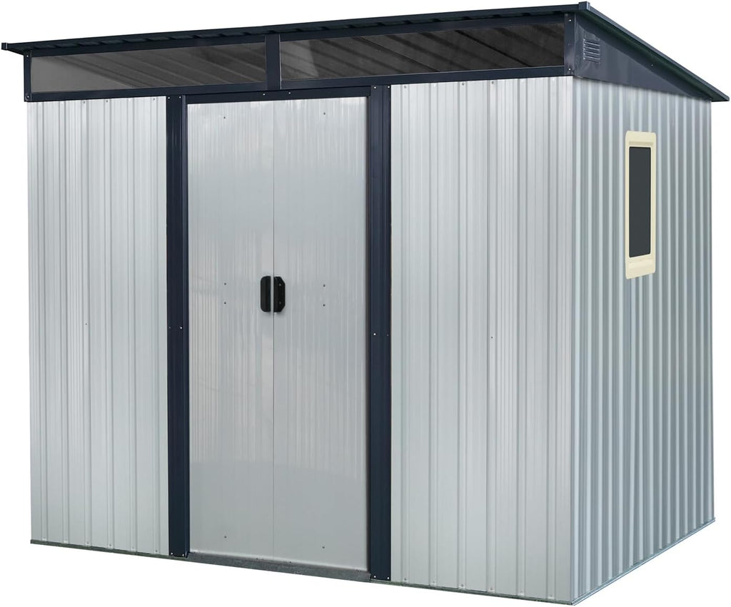 8x6 ft Outdoor Metal Storage Shed with Floor Floor and Window, Lockable Galvanized Steel Tool Shed with Sliding Door, Air Vent and Transparent Plate, Waterproof Garden Storage House for Backyard