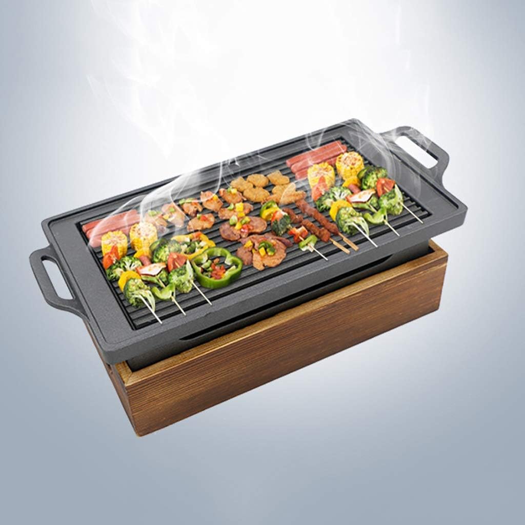 BBQ Barbeque Barbecue Grill,BBQ,Korean Non-Stick Baking Tray Alcohol Barbecue Grill,Holding Stove,Wooden Base,Indoor and Outdoor (Size : 28cm15cm)